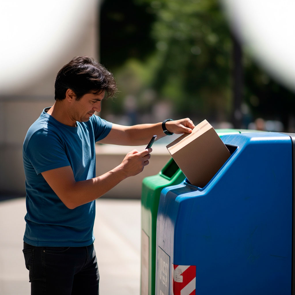 Un hombre deposita un cartón en un contendor azul para reciclar mientras hace una foto con el móvil con la APP RECiCLA.