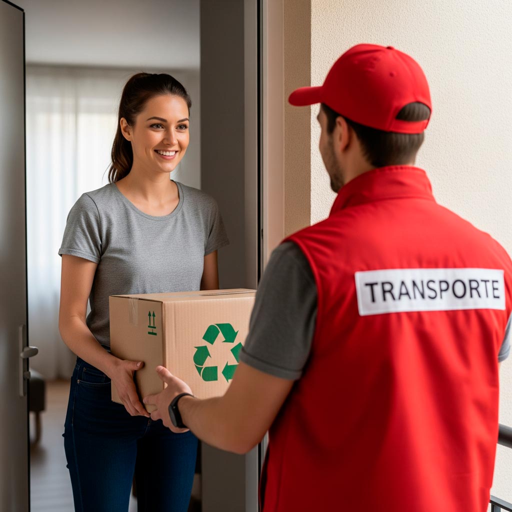 Una joven entrega a un repartidor una caja de cartón con material para reciclar.