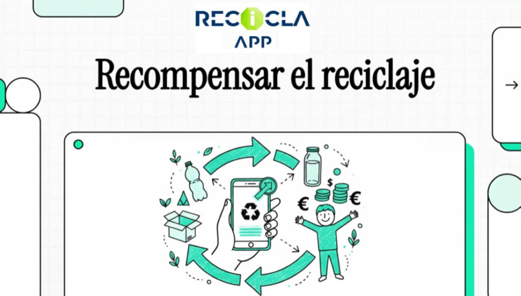 Portada con el texto recompensar el reciclaje y un gráfico que representa la economía circular con residuos, dinero, las personas y en el centro recicla app.