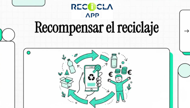 Portada con el texto recompensar el reciclaje y un gráfico que representa la economía circular con residuos, dinero, las personas y en el centro recicla app.